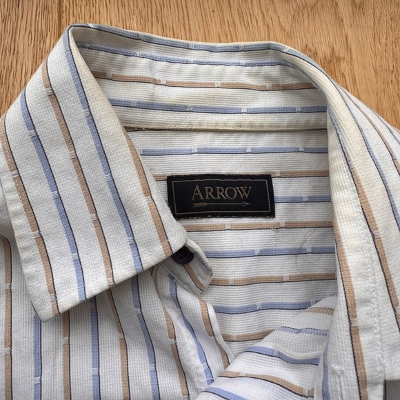 ARROW Striped SHORT SLEEVE BUTTON DOWN SHIRT - Blue - White - Tan - Picture 10 of 12